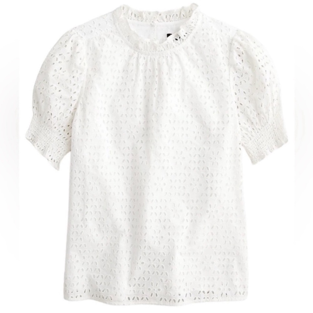 J.Crew Smocked Puff-Sleeve Top in White Eyelet
